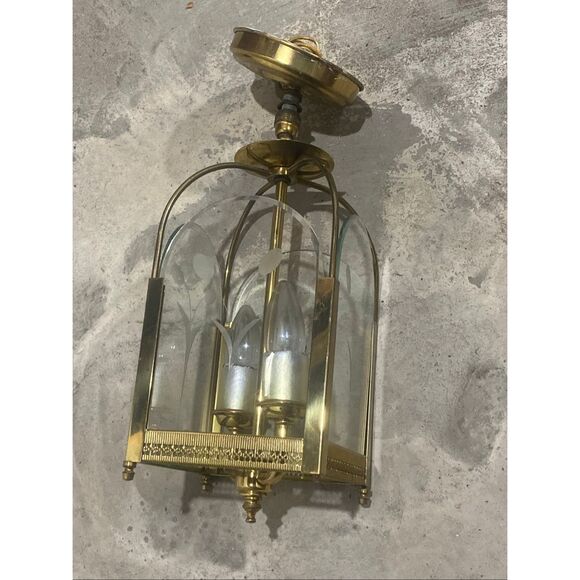 Vintage Brass and Etched Glass Hall Lantern Light Pendant Flush Mount Floral Mot - Picture 6 of 12